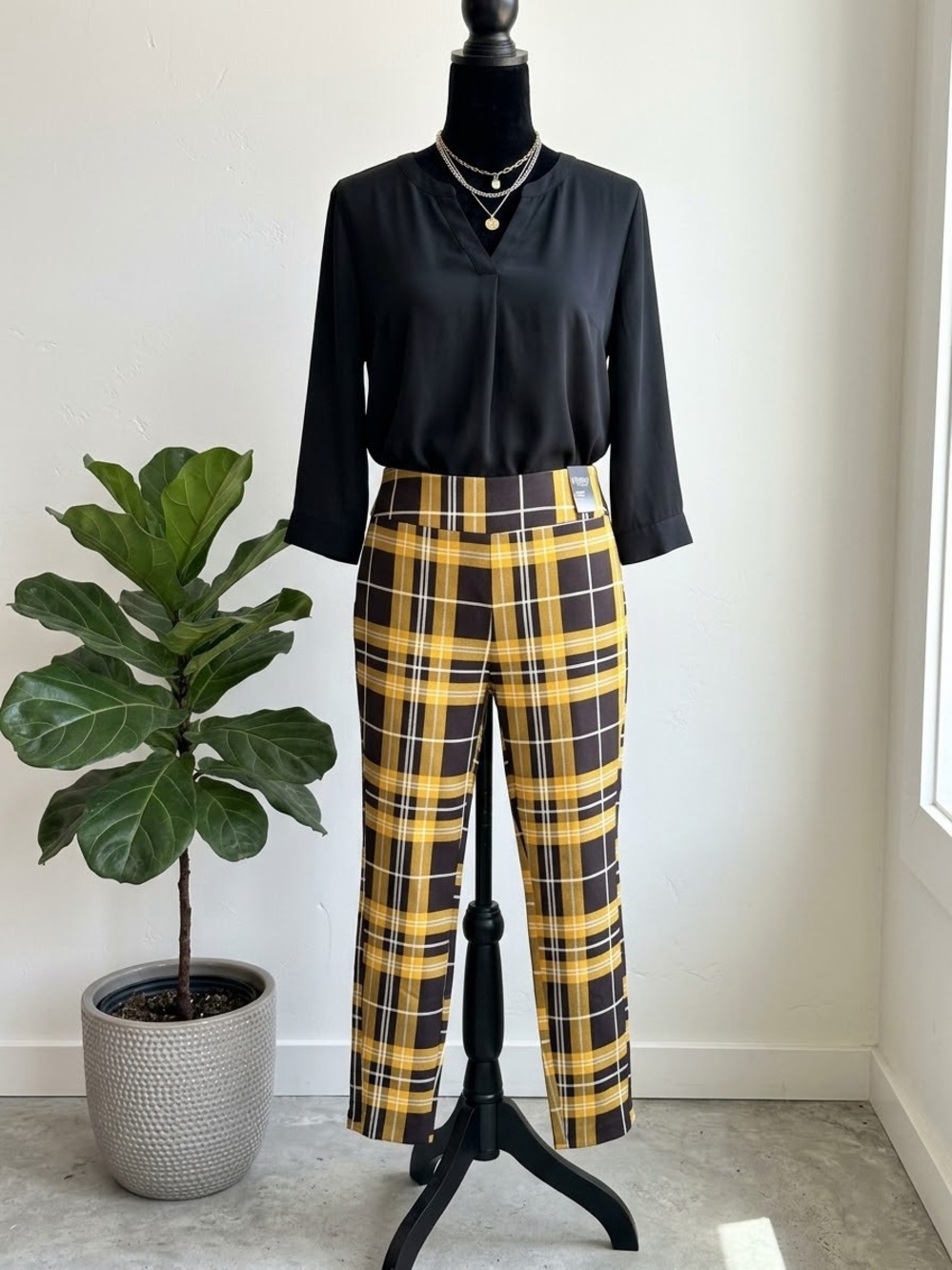 New York & Company Yellow and Black Plaid Cropped Pants